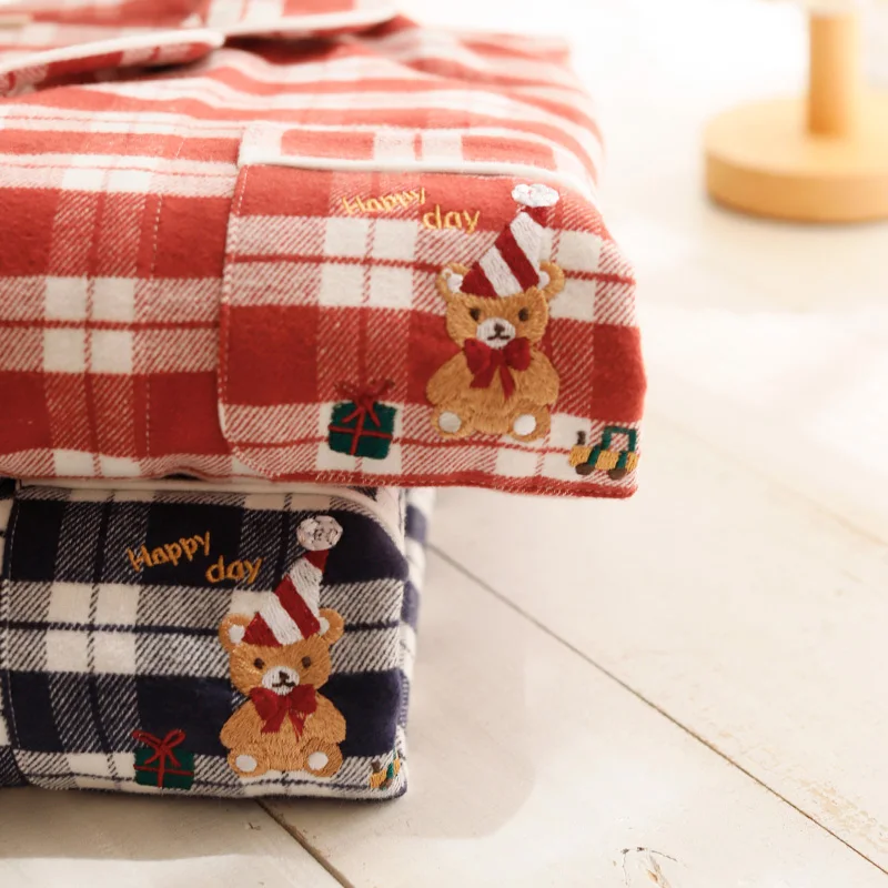 

Autumn minimalist plaid couple pajamas made of pure cotton, brushed, high-end embroidery, long sleeved pants, home clothing set