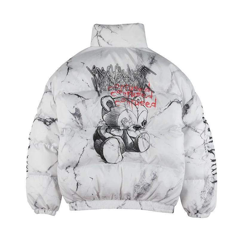 Tide Brand Winter Hip-hop Thickened Parka Harajuku Style Cartoon Bear Print Cotton Clothing Street Style Winter Casual Jacket