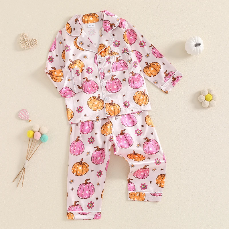 Little Girls Halloween Satin Pajama Set Pumpkin Print Long Sleeve Button Down Tops Elastic Waist Pants Autumn 2 Piece Set