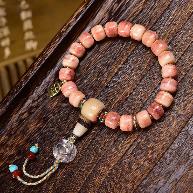 Natural Powder Half Blood Camel Bone Bracelet Single Round Bucket Bead White Crystal Glazed A Dull Braceletlit. inviting wealth
