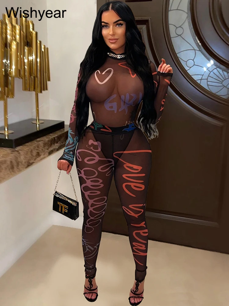 Wishyear Sexy Night Club Matching Sets Women‘s Bodysuit Top and Leggings Pants Letter Print See Through Mesh Two 2 Piece Outfits