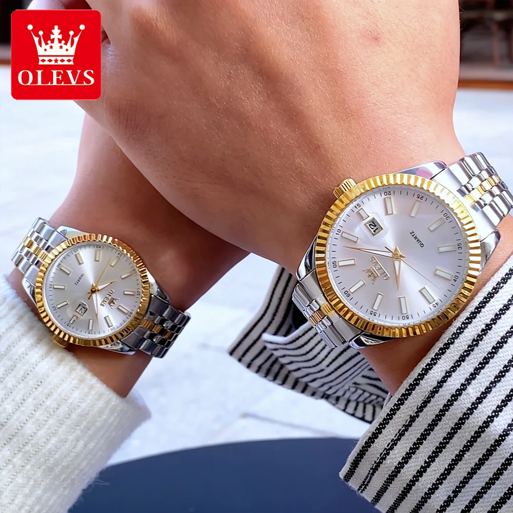 OLEVS ساعات الزوجين العلامة التجارية الفاخرة غرامة الصلب الأصلي كوارتز ساعة اليد للحبيب الخيوط الحافة مقاوم للماء تاريخ مضيئة