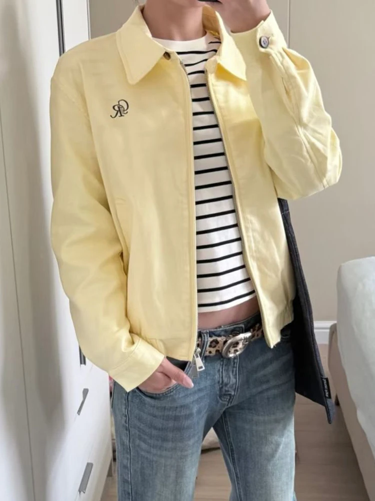 Retro American Yellow Cargo Jacket Women Fall Streetwear Long Sleeve Y2K Coat Harajuku Casual Vintage Long Sleeve Zipper Tops