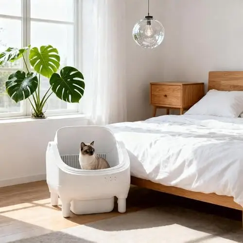 Smart Open Top Automatic Litter Box, Self Cleaning Cat Litter Box with App Control & Odor Isolation, Cat Litter, Large