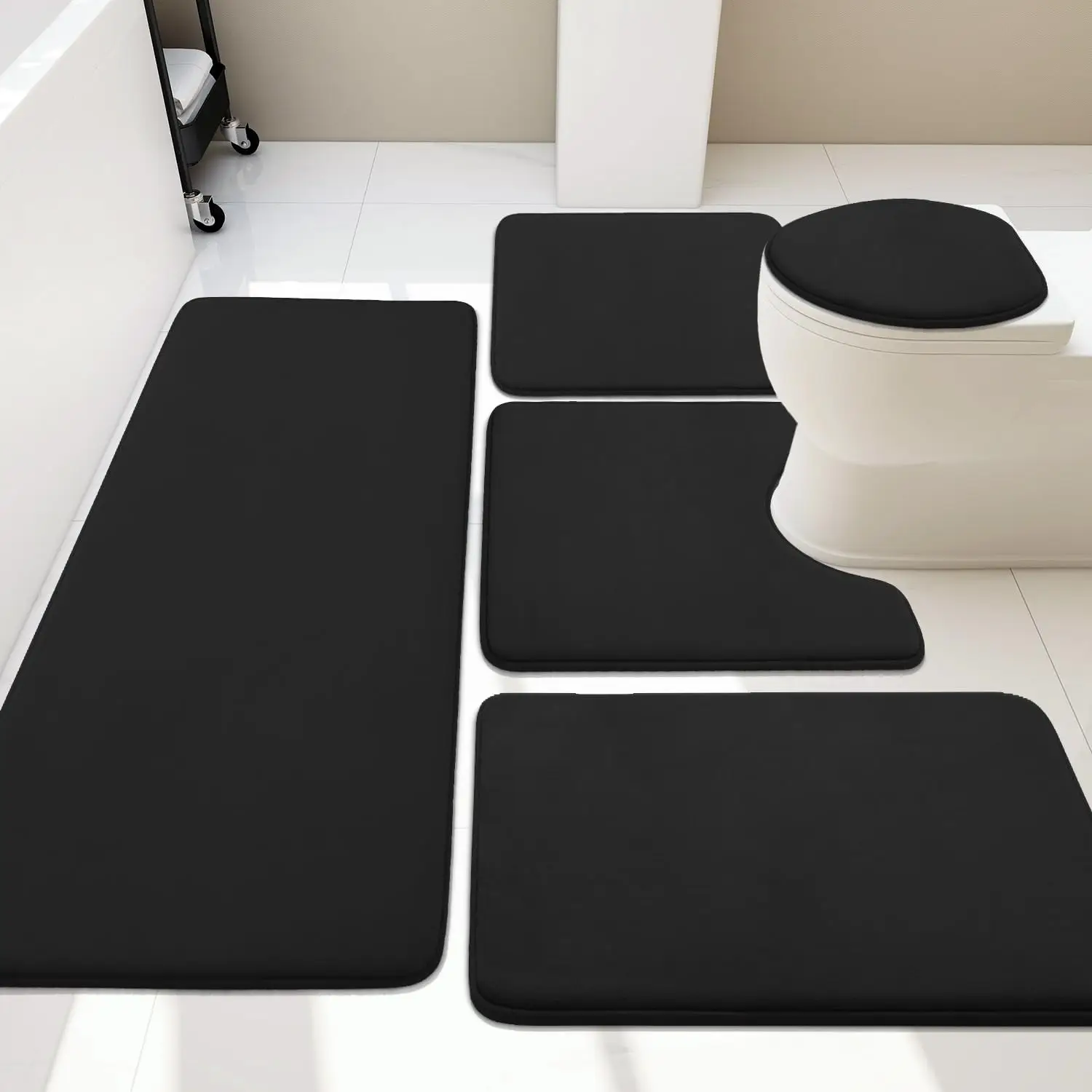 

5-Piece Memory Foam Bath Mat Set, Super Absorbent Non-Slip Washable Quick-Dry Bathroom Rugs in Black