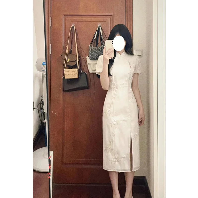 Nieuwe Chinese Sle Geborduurde Rok Bubble Sve Dames Dr Zomerseizoen Mid Taille Split A-lijn Dr