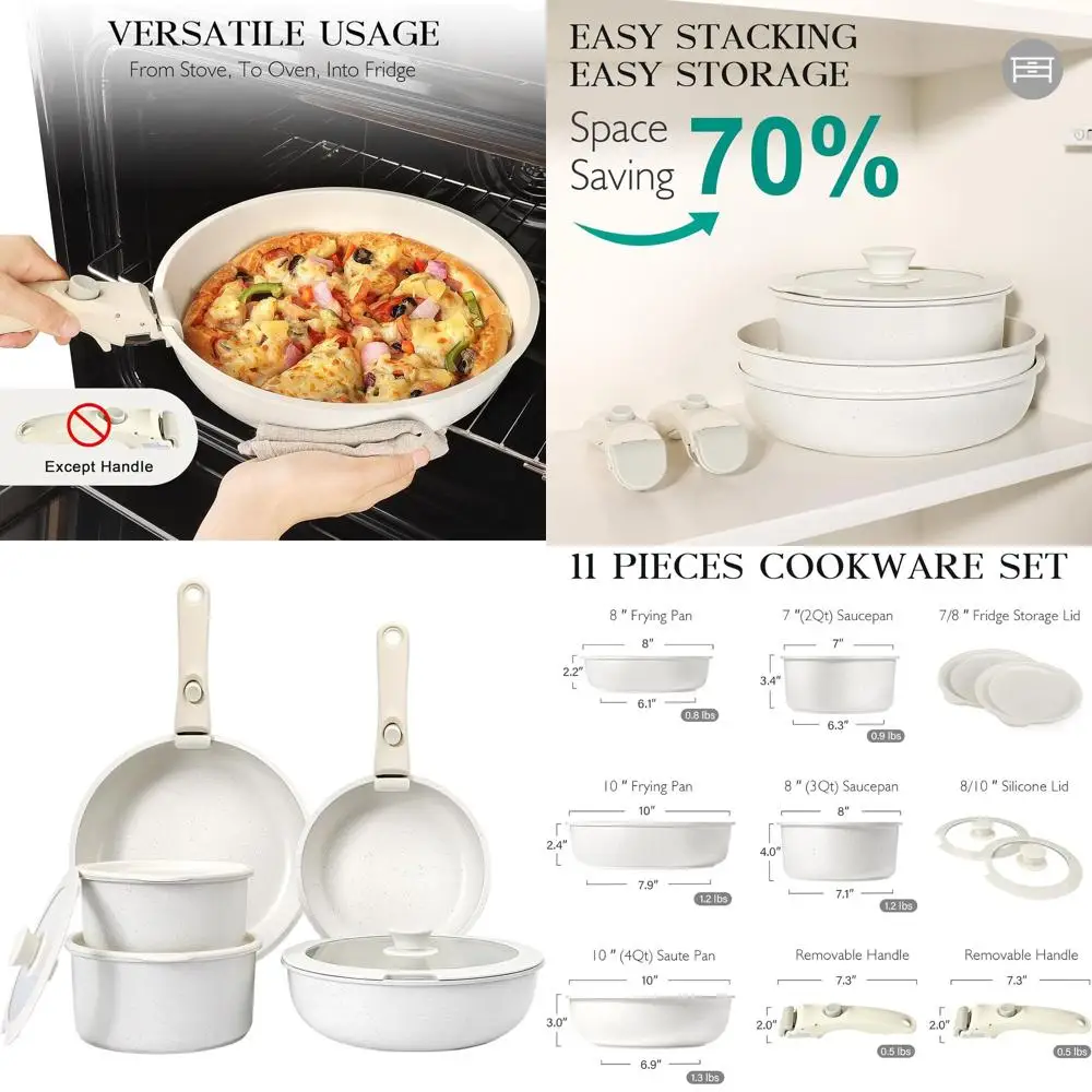 

Nonstick 11-Piece Detachable Handle Cookware Set, Induction Safe, Oven-Safe, Ideal for RV Kitchen Use
