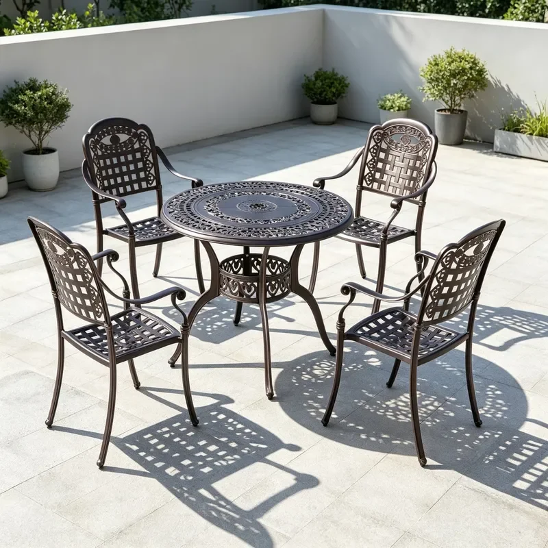 Outdoor Cast Aluminum Round Table and Chair Set Retro Bronze Hollow Carved Leisure Chairs Rust Proof Patio Furniture