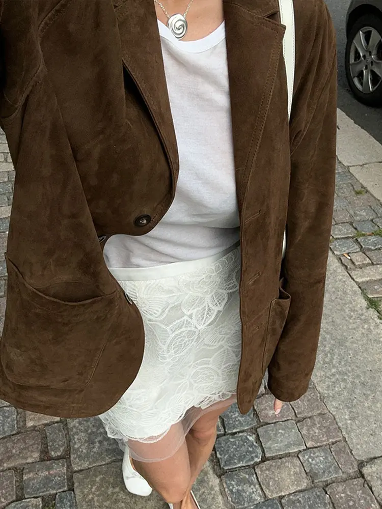 Fashion Brown Lapel With Pocket Jacket Woman Single Breasted Long Sleeve Blazer Coat 2024 Autumn Lady High Street Outwear