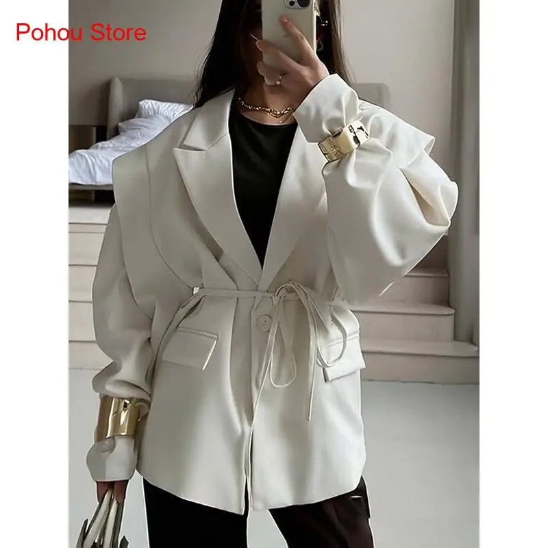 Autumn and Winter New Cross-Border European and American Fashionable Waist Tie Loose and Versatile V-Neck Jacket for Women
