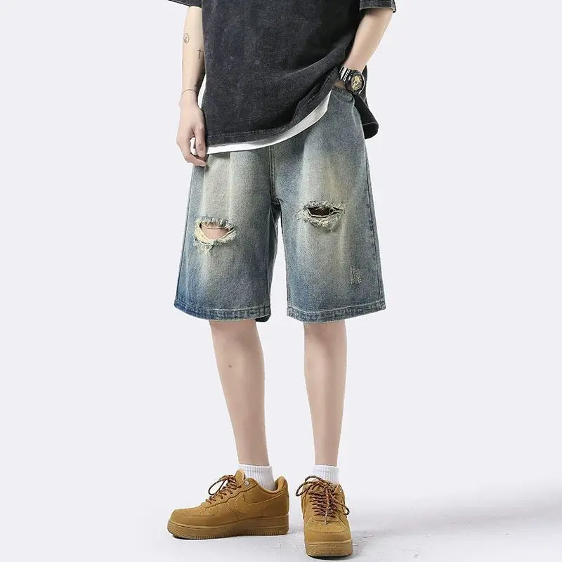 Ripped Denim Shorts Men's Summer Thin American High Street Fashion Brand Outer Wear Straight-Leg Pants Pu Shuai Casual Fifth Pan