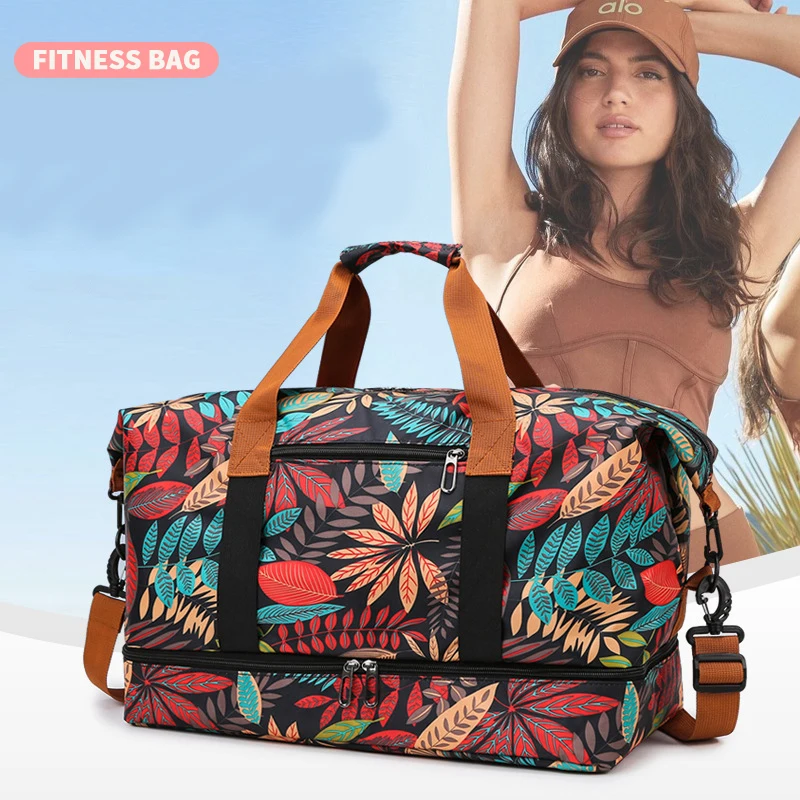 

Travel Gym Bag 2024 New Fashion Sports Fitness Bags Dry Wet Separation Red Leaf Printed Portable Weekend Luggage Bag Women Men