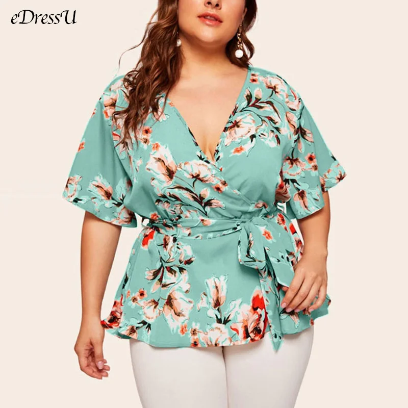 eDressU 2022 Plus Size Women Chiffon Blouse Print V Neck Shirt Tops Casual Office Lady Wear KYM-802