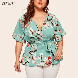 EDressU 2022 Plus Größe Frauen Chiffon-Bluse Druck V Neck Shirt Tops Casual Büro Dame Tragen KYM-802