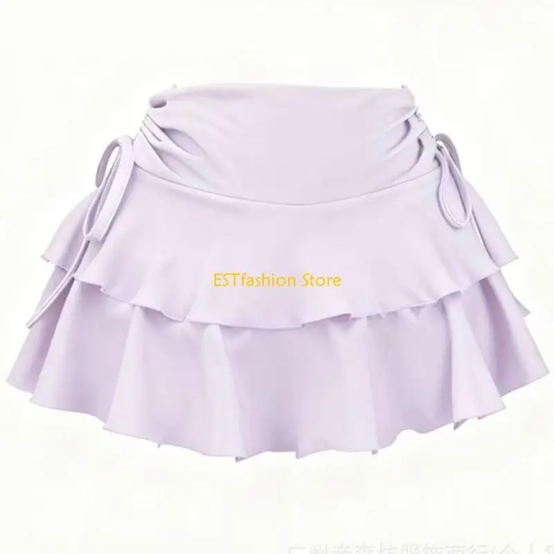 Y5GC Retro Pleated Low Rise Skirt Adjustable Waist Tie Lightweight Polyester Short Dress Easy To Clean