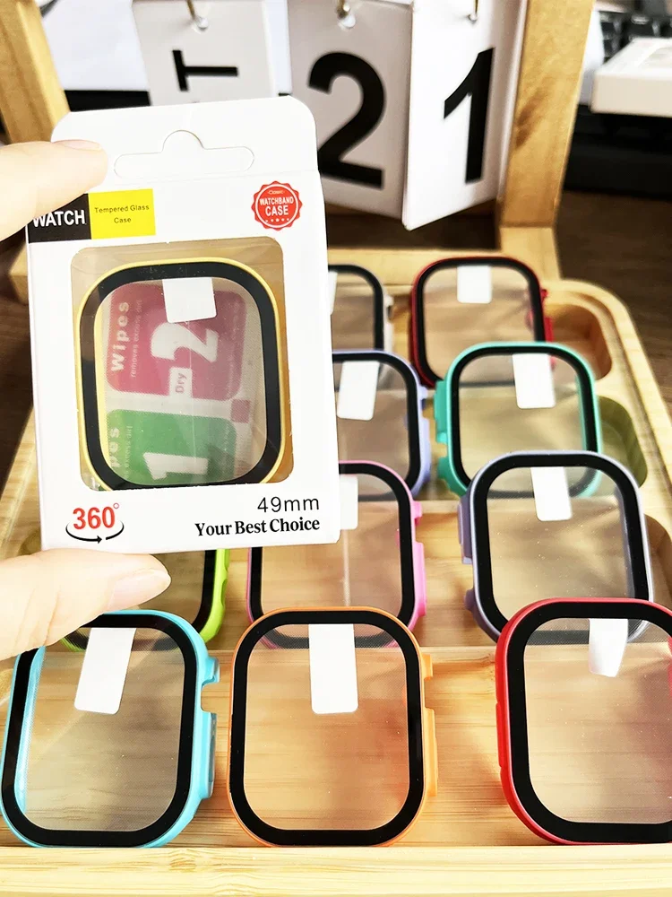 غطاء 49 ملم لساعة أبل الترا 3 49 ملم ملحقات حافظة الكمبيوتر ممتص للصدمات + واقي شاشة من الزجاج المقسى iWatch Ultra 2 3