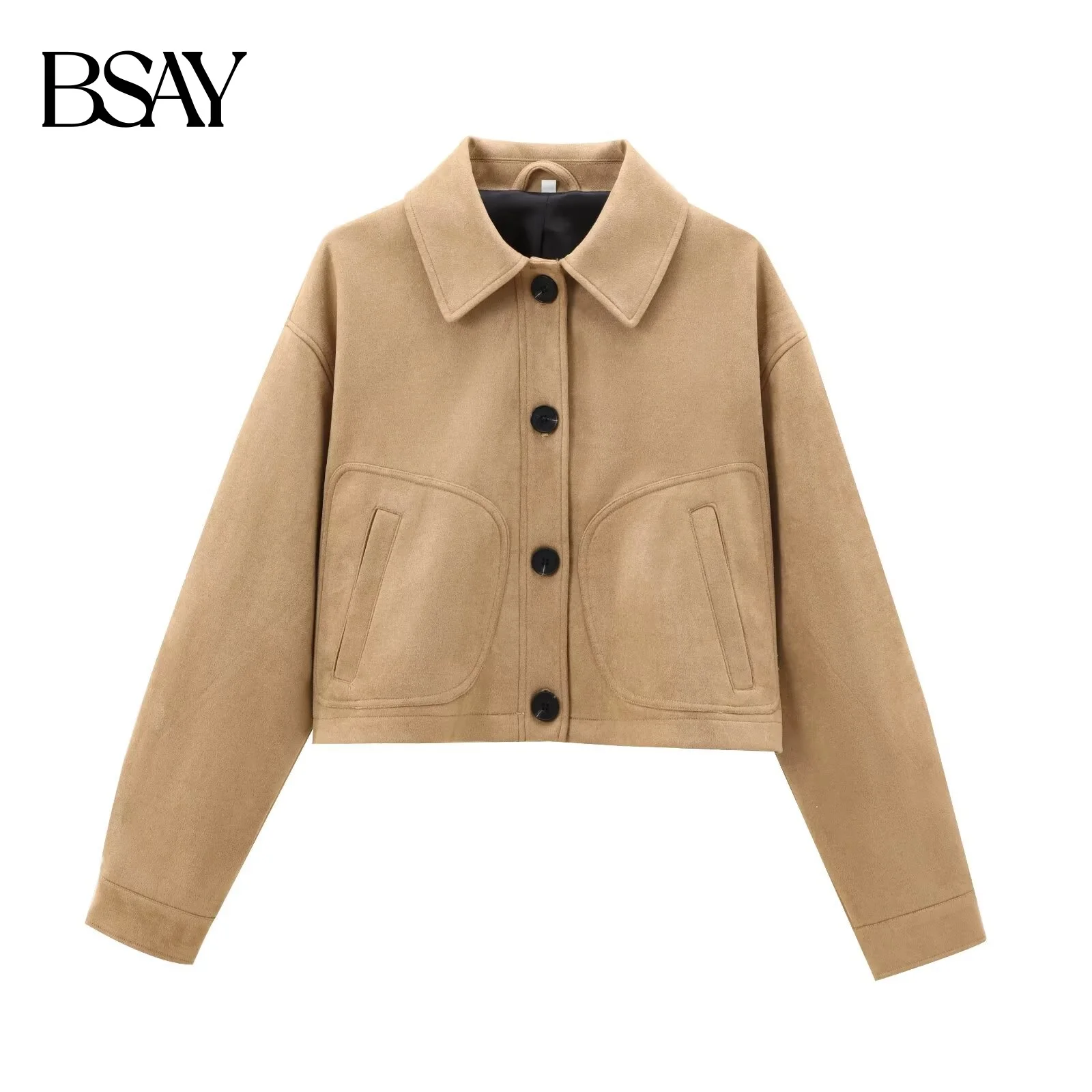 

BSAY модная универсальная женская осенняя новая коллекция с длинным рукавом и воротником 2021, простая короткая куртка с украшением на пуговицах, пальто