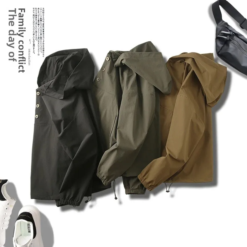 

Мужская легкая дышащая куртка-бомбер на пуговицах с капюшоном для весны и осени, свободного кроя, модная