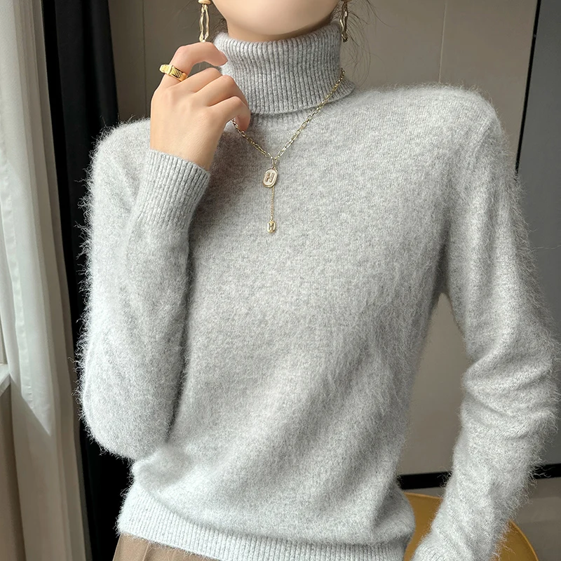 2024 Fall/Winter 100%Pure Mink Cashmere Sweater Women High Lapel Knit Pullover Wild Warm Solid Color Shirt Fashion Korean Tops