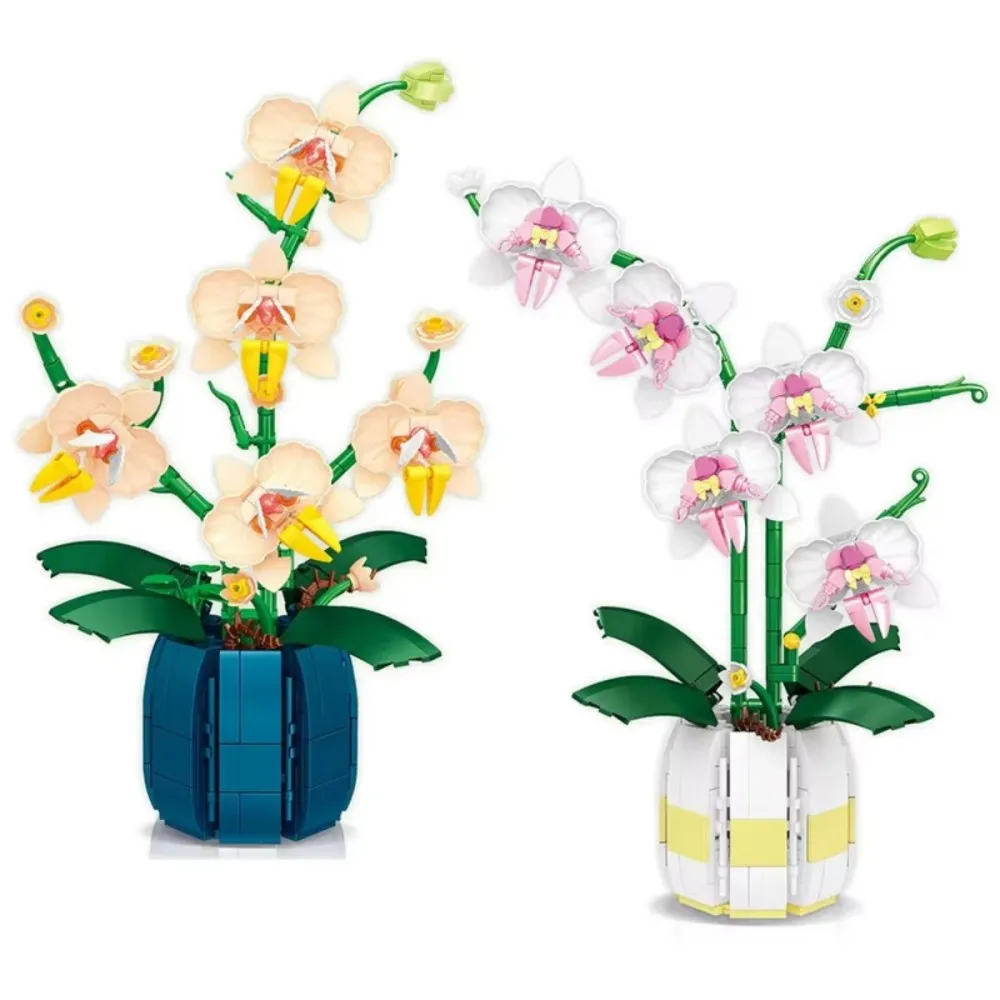 Blocchi di costruzione romantici del bouquet di fiori di orchidea: mattoni modello di pianta in stile bonsai per la decorazione domestica fai da te, giocattolo e regalo ideali per bambini