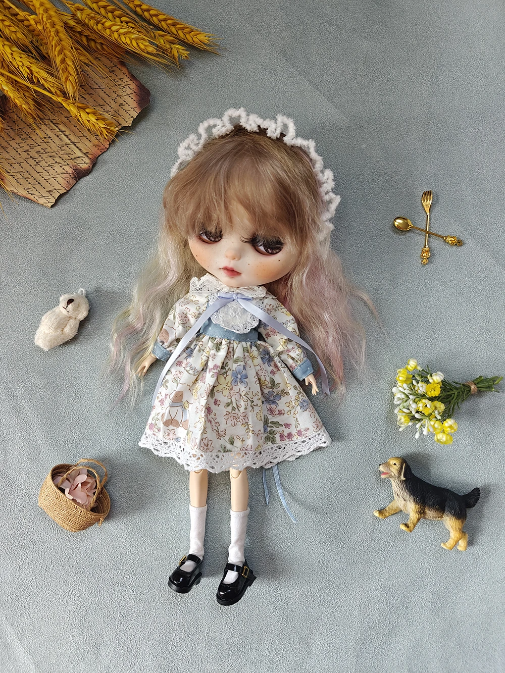 

New blythe doll clothes Winter Blue floral print Handmade Dress for Blythe Doll Cute OB22 OB24 AZONE Cute Girl's Doll Clothes