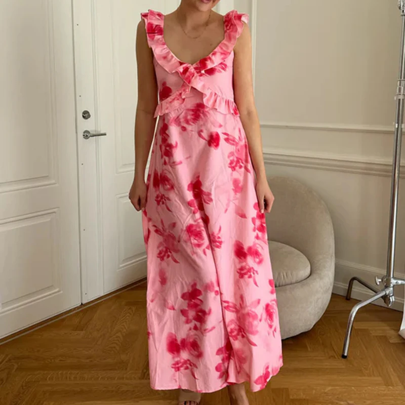 Abito lungo da donna con stampa grafica Boho Beach Scollo a V con volant Abito a trapezio Abito elegante da donna con allacciatura senza schienale Abito lungo