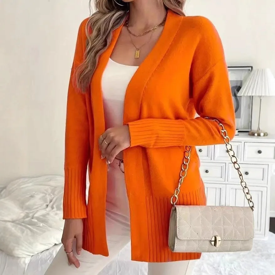 Large Size Women's Knitted Cardigan Casual Simple Design with Pockets Shoulder Wrap Sweater Thick Polyester Fiber Dyed Process