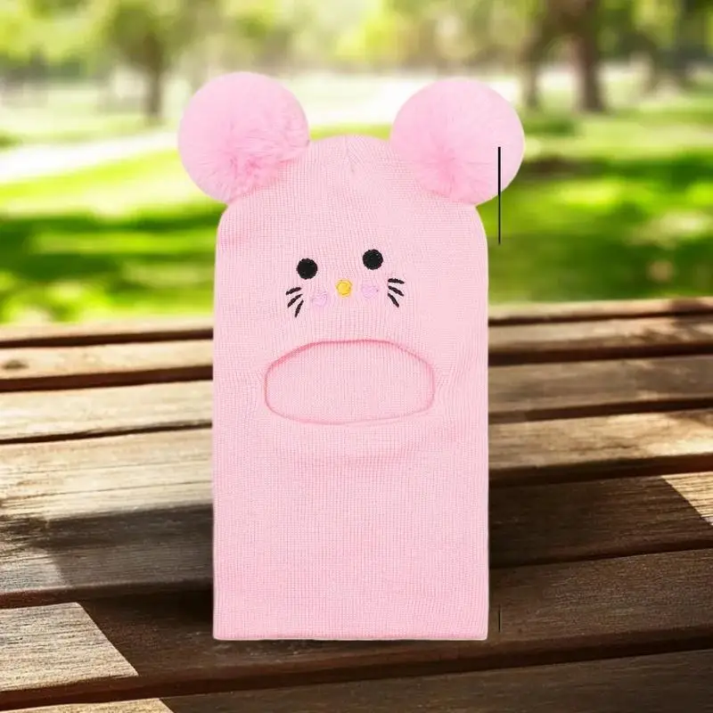 1 tocado de doble pompón con bonito bordado de dibujos animados, tejido para cobertura completa de rostro y cuello, resistencia al viento y al frío