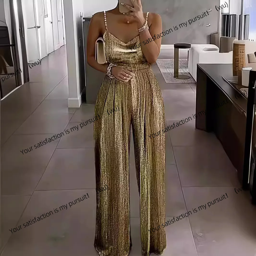 Pakaian wanita baru musim semi dan musim panas, celana lebar, gaun berpinggang, jumpsuit elegan dengan tali dan manik-manik