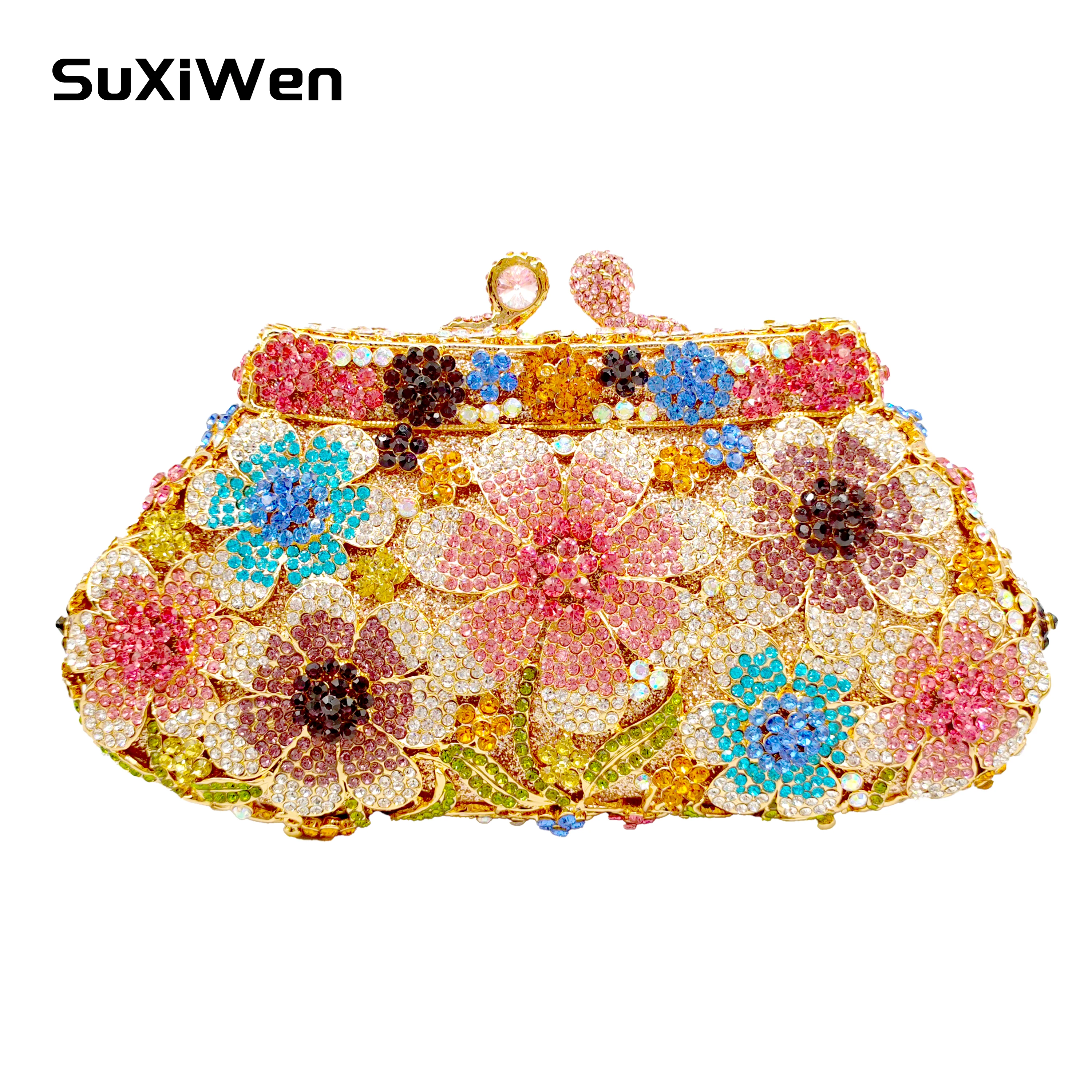 Crystal Clutch Purse Flower Sequin Metal Chain Messenger Bag Rhinestone Dinner Evening Bags Fashion Luxury Handbags