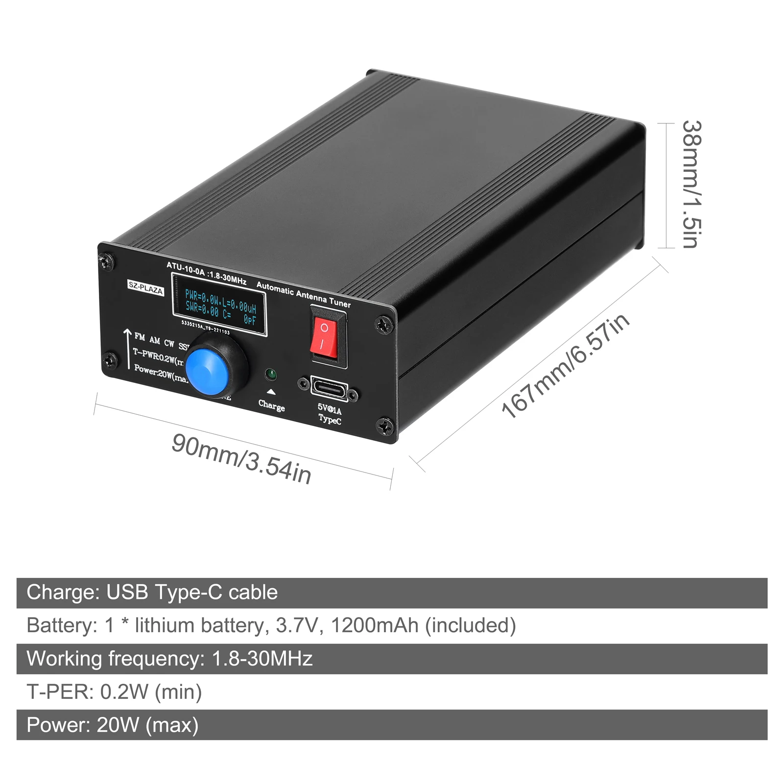 ATU-100-0A 1.8-55MHz Mini automatyczny Tuner antenowy ze stopu aluminium z 1800mah akumulatorowy OLED z tunerem antenowym