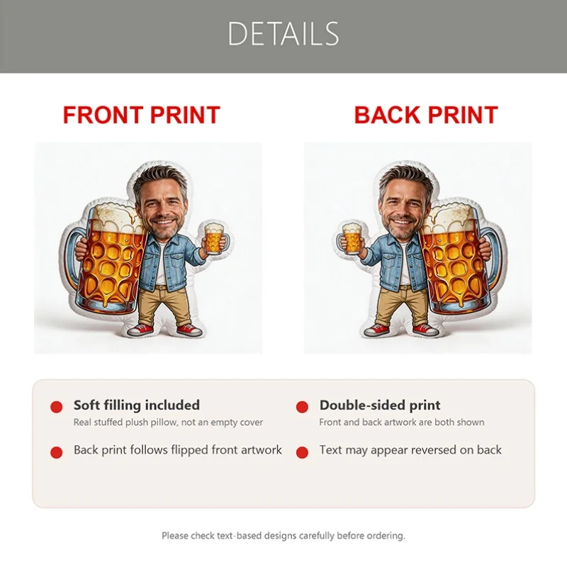 Custom Face Beer Mug Shaped Pillow, Personalized Photo Decorative Cushion with Man Holding Drink Design, 60CM Large Accent Pillo
