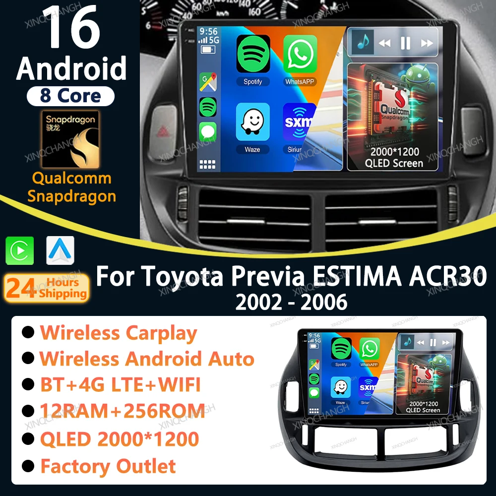 Android 16 Car Radio Carplay Auto For Toyota Previa ESTIMA ACR30 Tarago 2002 - 2006 Fascia Panel Accessories Head Unit Audio