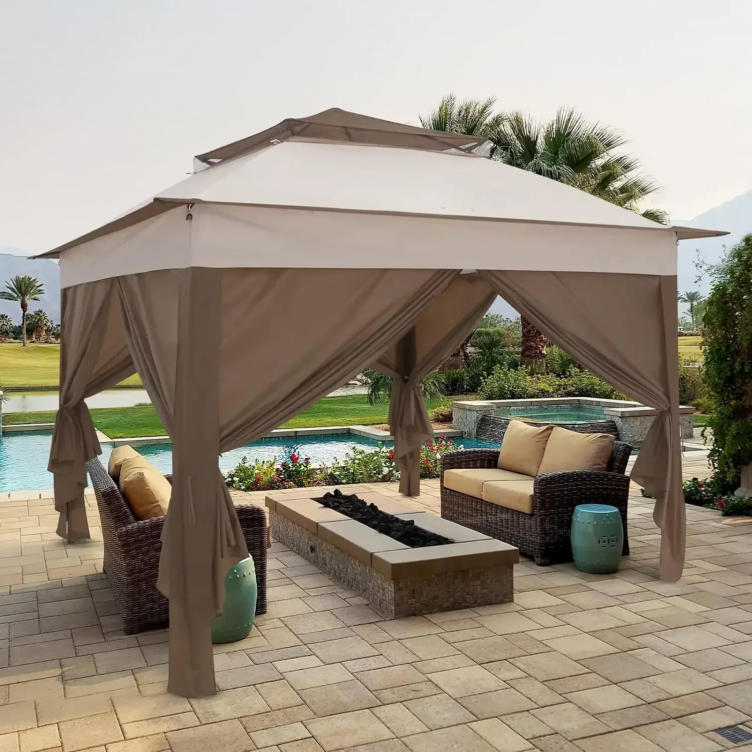 

high quality Instant Gazebo Tent, 4 Sidewalls, Outdoor Canopy Shelter Carry Bag Stakes and Ropes Beige 11x11