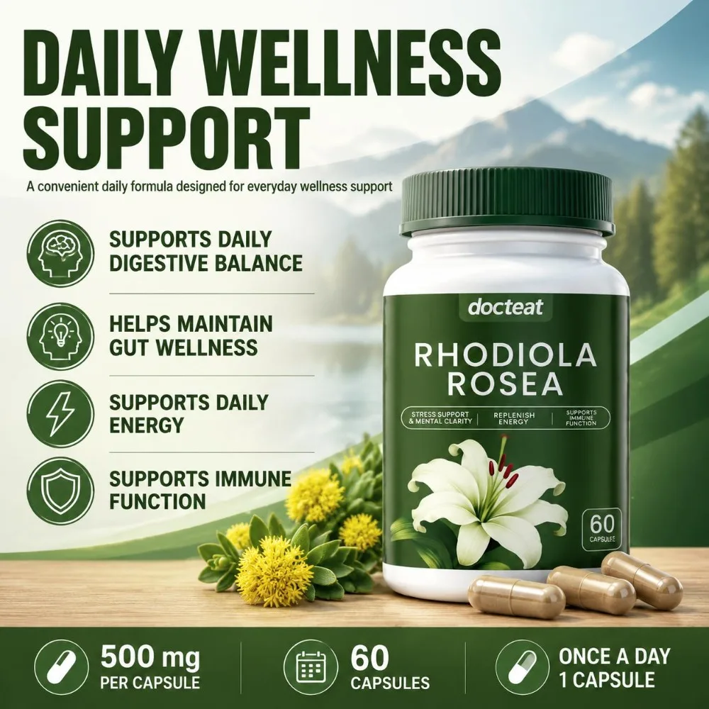 Docteat Rhodiola Rosea Extract 500mg Capsules with 3% Salidrosides for Stress Mental Clarity & Energy Support Adults 60 Capsules