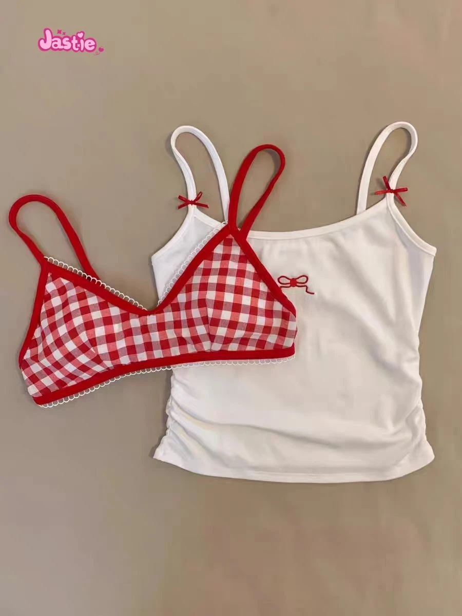 Bow Embroidery White Sweet Women Camis With Plaid Bras Cotton Blend Chic Spicy Girls Y2K Tank Tops Tight Sexy Two Piece Crop Top