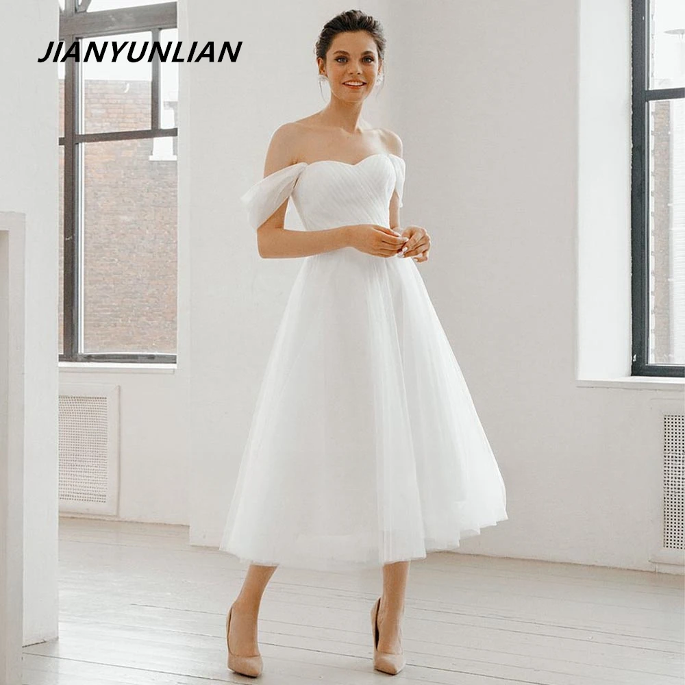 Short Wedding Dress White Tulle Off the Shoulder A Line Wedding Gowns for Women Bride Tea Length Backless Midi Bridal Dress