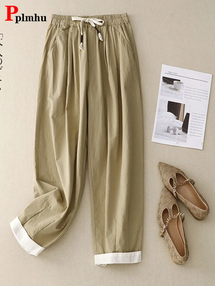 

Casual Cotton Linen Baggy Harem Pants High Waist Ankle-length Cuffs Sweatpants Vintage Lace-up Womens Pantalones Korean New 2024