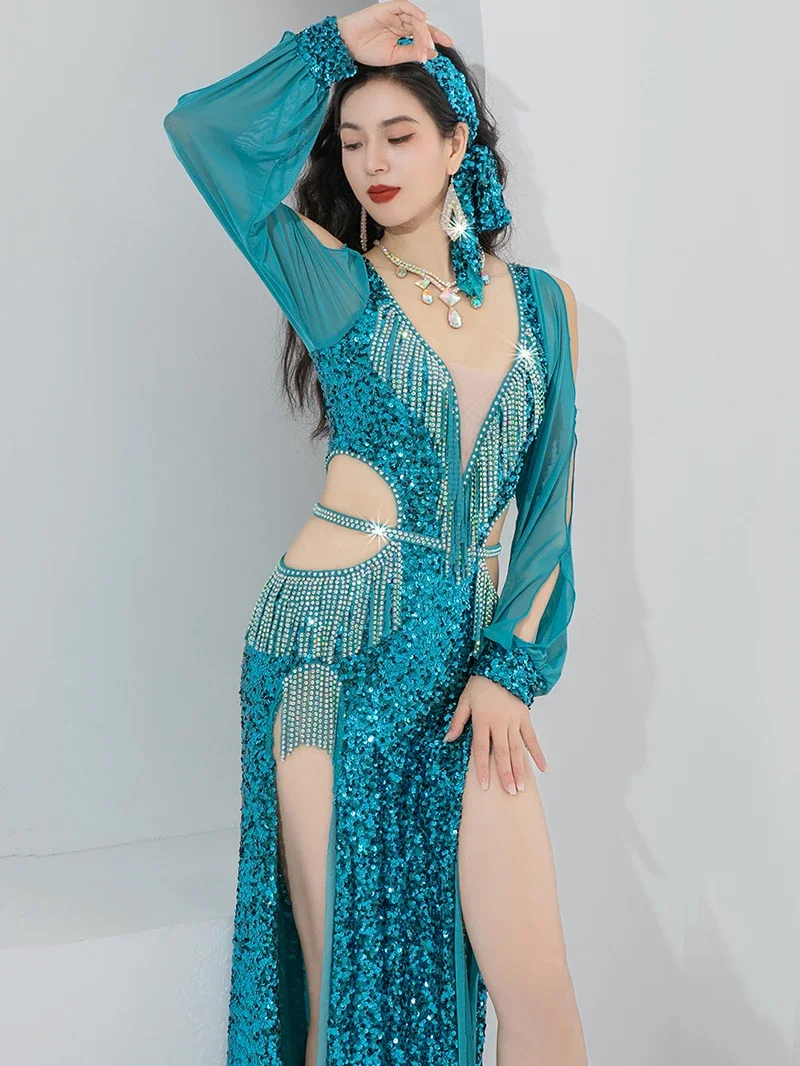 Women Belly Dance Costume Diamond New Sequin Robe Belly Dancewear Drum Solo Mirror Tassel Dynamic Stage Performance Dress