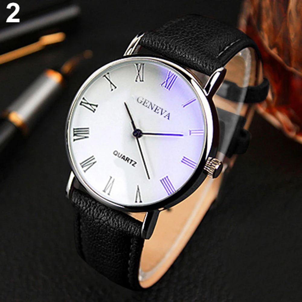 Men Watch Roman Numerals Blu-Ray Faux Leather Band Quartz Analog Business WristWatch 2022