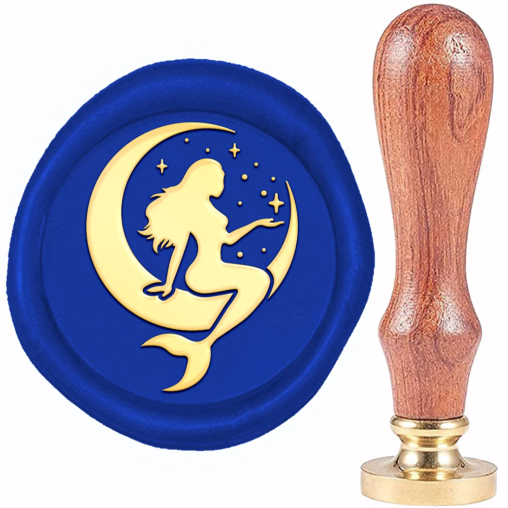 1PC Brass Wax Seal Stamp with Wood Handle Golden for DIY Scrapbooking Mermaid Pattern 20mm