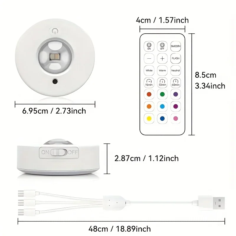 LED 야간 조명 RGB 무선 캐비닛 램프, 12 색 C 타입 충전식 리모컨, 방 침대 옆 통로 캐비닛 조명