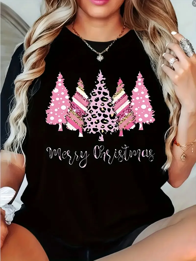 

Ladies' Christmas Tree Pink Leopard Print T-shirt Fashion Casual Short Sleeve Round Neck Casual Top Happy Christmas Women's Wear
