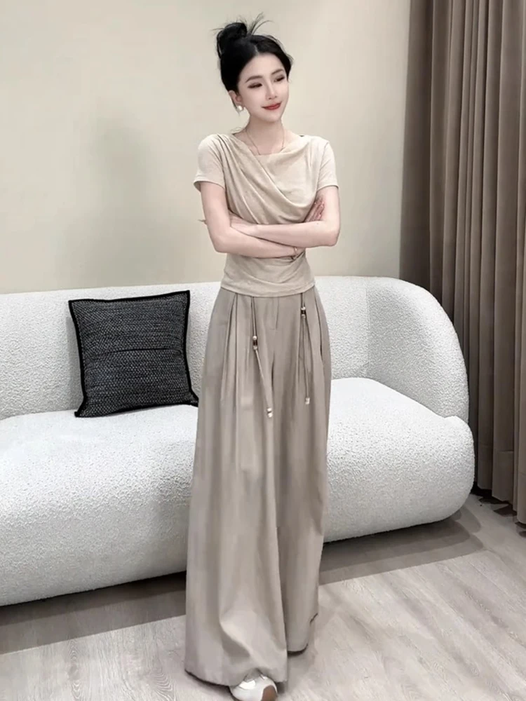 

Summer 2025 Korean Style Slimming High Waist Wide Leg Pants Casual Short Sleeve Folded Hem Two Piece Set Women's Fashion