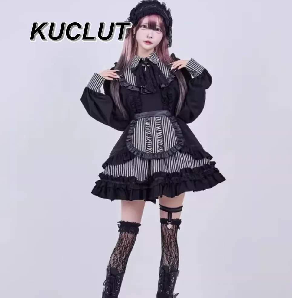 

Spring Autumn Y2k Punk Japanese Style Casual Long Sleeve Dresses for Women High-Waisted Black Striped Girls Lolita Dress