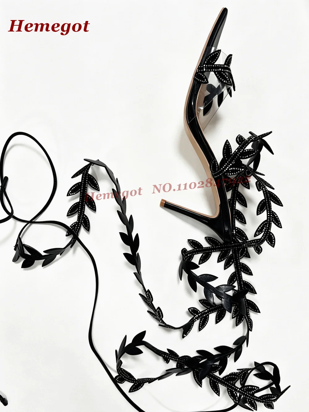 Black Rhinestone Leaf Gladiator Sandals Pointed Toe Knee High Stiletto Heels Strappy Lace Up Elegant Evening Party Shoes Luxury