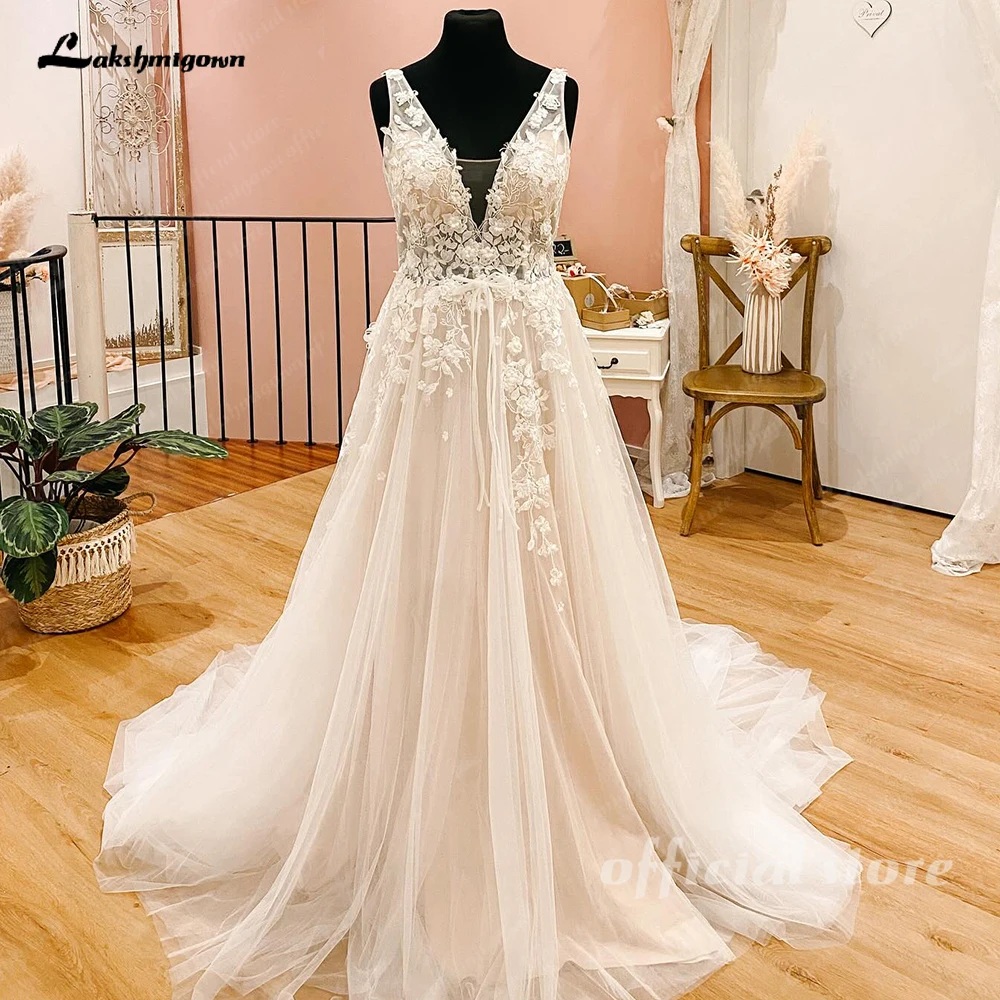 Lakshmigown Plunging Deep V Neck Flowy Lace Tulle Wedding Dress for Women 2024 Backless Bridal Gown vestido de noivas casament