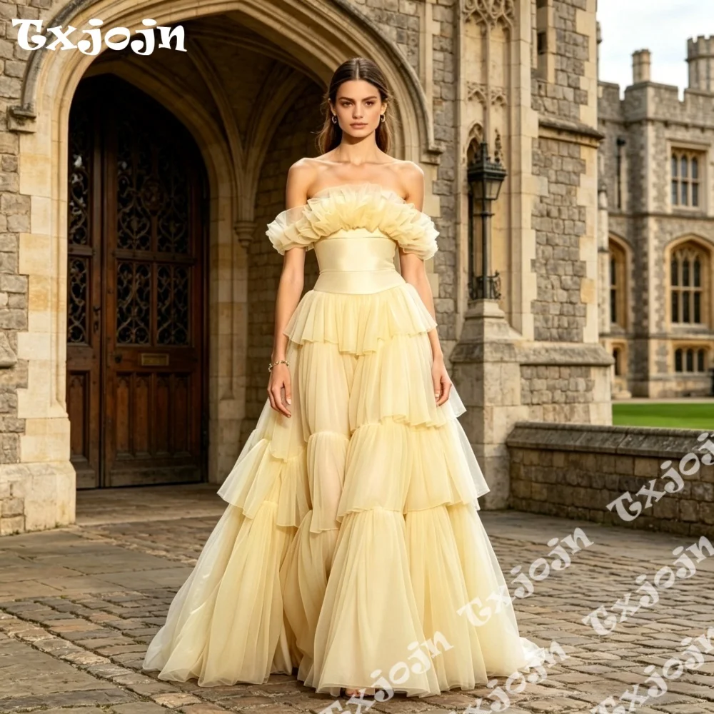 

Нежное кремовое платье с открытыми плечами, светло-желтое, с многоярусными оборками, для выпускного вечера 2026 года, элегантное вечернее платье для дня рождения, платье принцессы