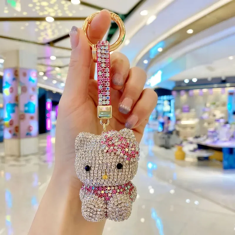 Kawaii Sanrio Hello Kitty Diamond Keychain Fashionable Women\'S Bag Pendant Cute Doll Car Keychain Ring Small Gift