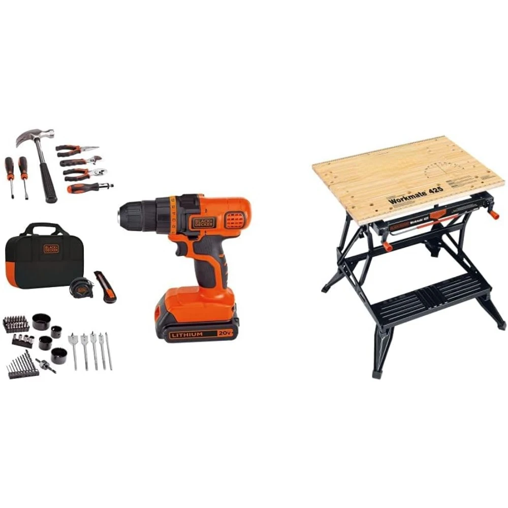 Kit de herramientas para taladro y hogar, centro de Proyecto portátil y tornillo de banco, 20V MAX, 68 piezas (LDX120PK) con BLACK + DECKER WM425-A